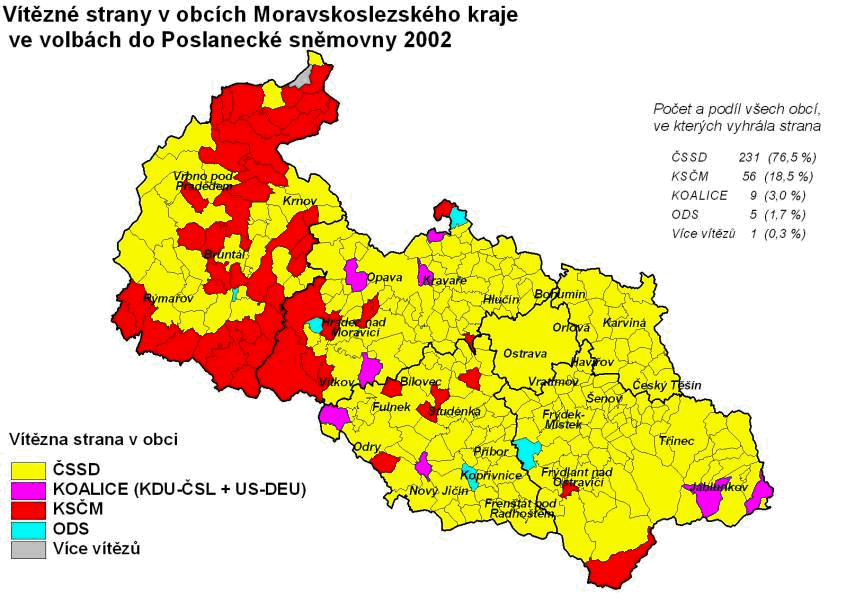 Kartogram 8. Vítězné strany v obcích Moravskoslezského kraje ve volbách do Poslanecké sněmovny 2002